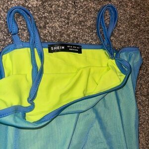 Neon blue and yellow mesh mini dress